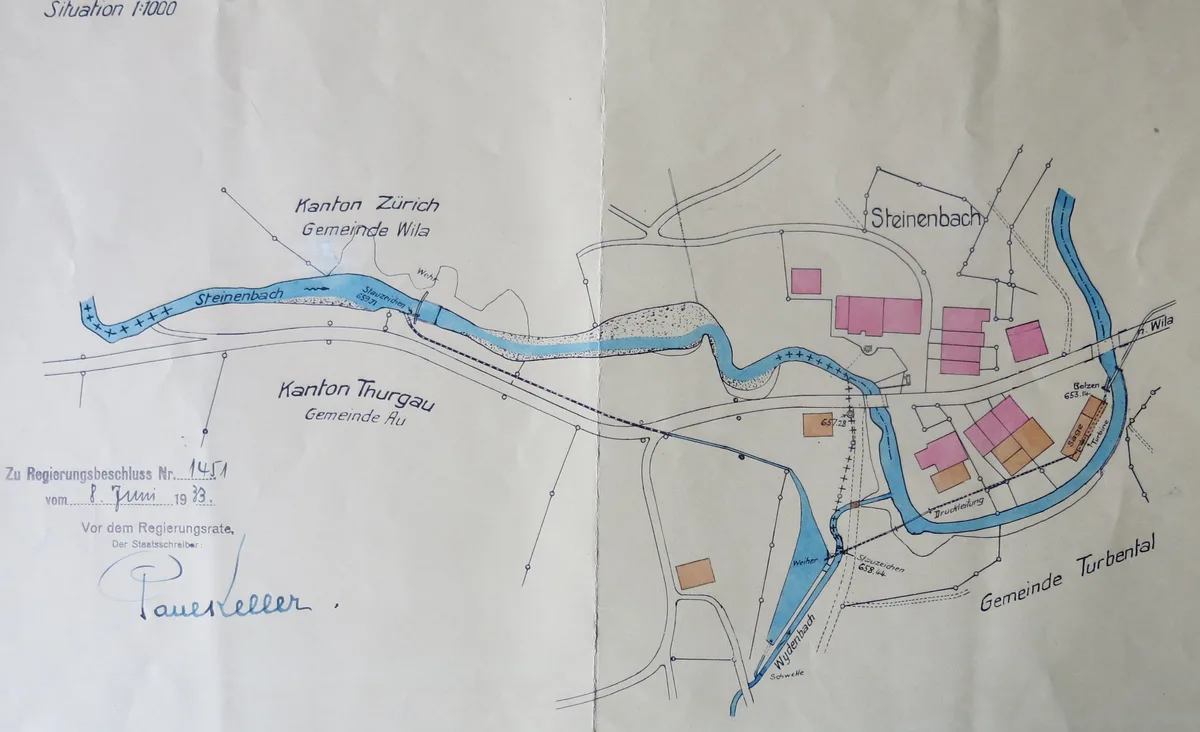 Plan eines Weilers mit Bach und Gebäuden